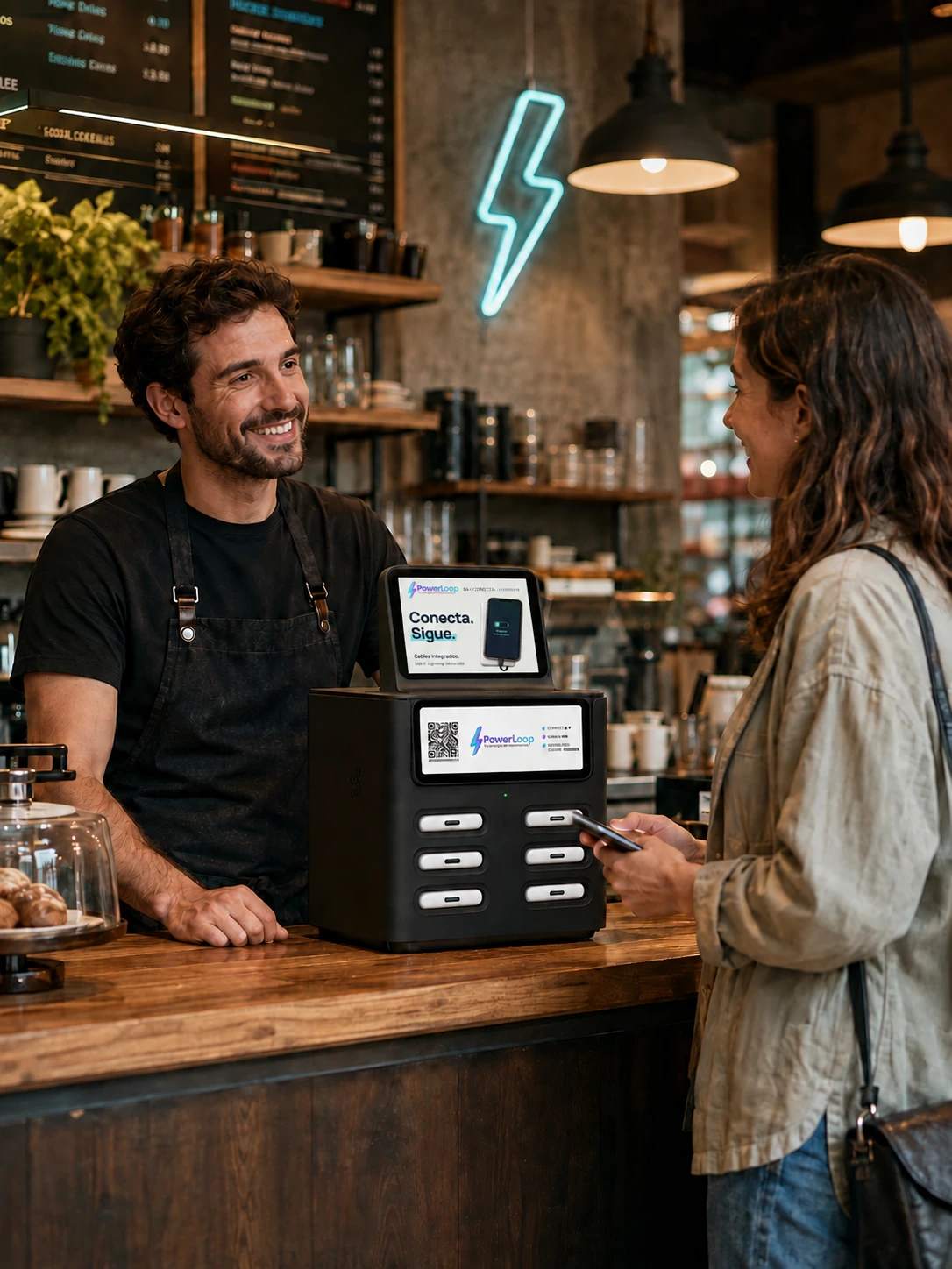 Barista y clienta junto a una estación PowerLoop de seis slots