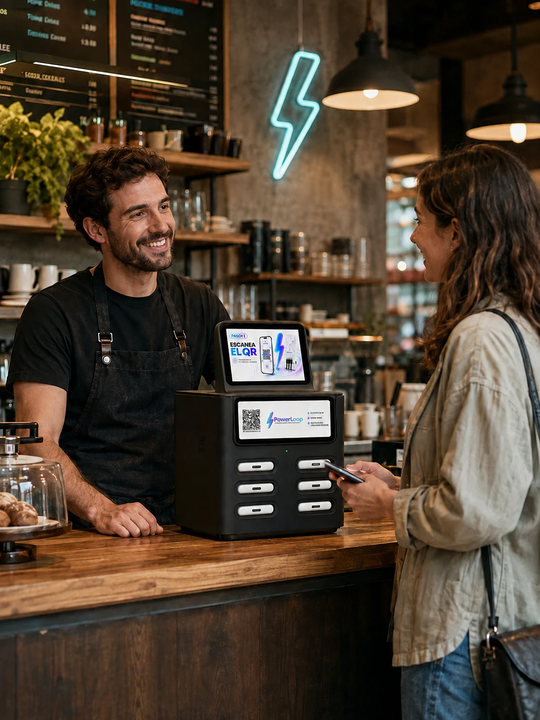 Barista y clienta junto a una estación PowerLoop de seis slots