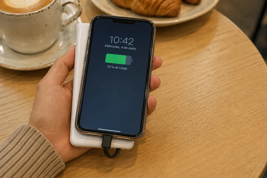 Celular apoyado sobre la batería PowerLoop, sostenidos juntos y conectados por un cable corto