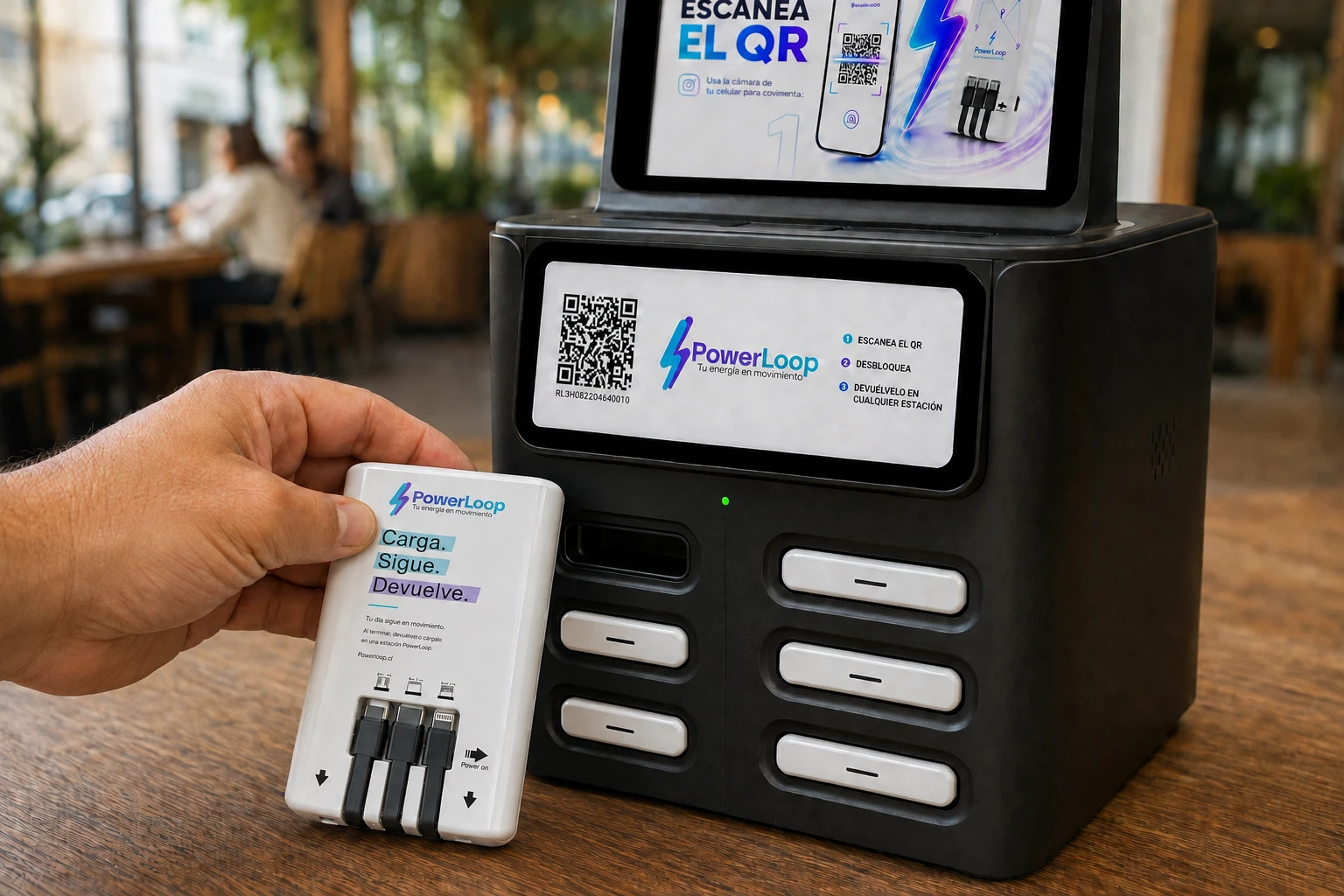 Batería PowerLoop junto a una estación de seis slots, lista para devolver